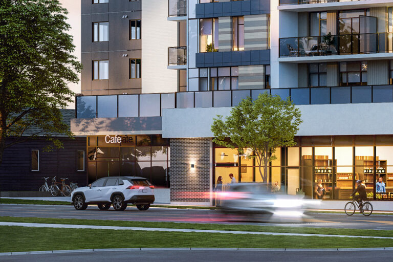 The exterior of the NEST building, focusing on the ground floor retail spaces