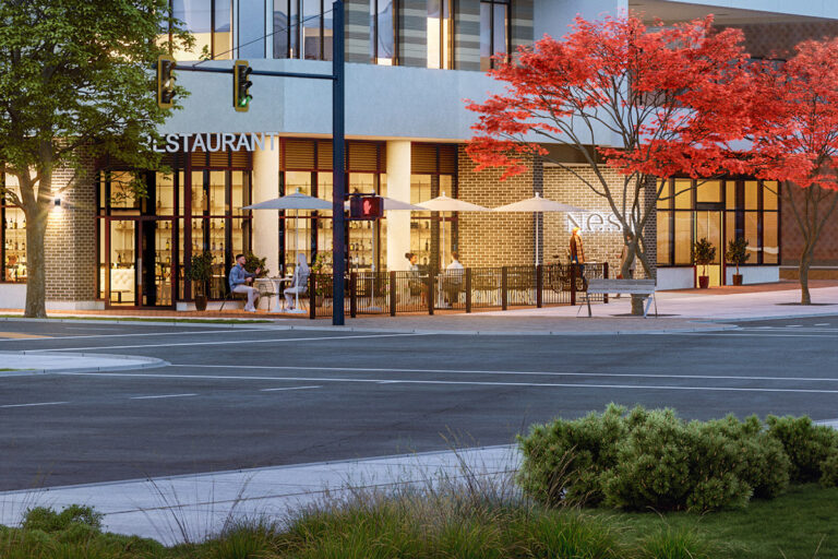 The exterior of the NEST building, focusing on the ground floor retail spaces