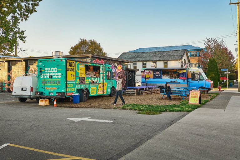 A shot of some food truck stands