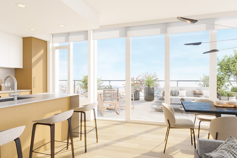 The interior of a NEST residence with a view of the patio.