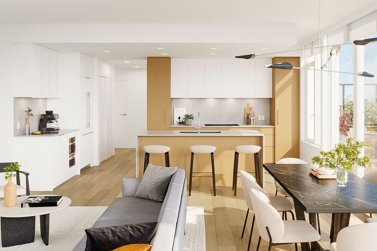The interior of a NEST residence, featuring the kitchen, dining area, and living area.
