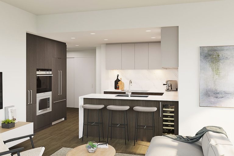 A NEST residence's kitchen, featuring three bar stools. Some of a living area is visible in the foreground.