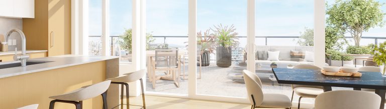 The interior of a NEST residence with a view of the patio